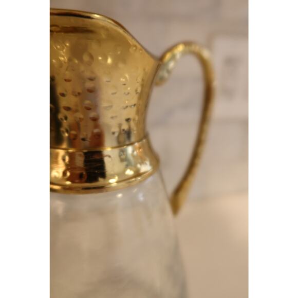Textured Glass Hammered Brass Water Pitcher Jug with Handle 10" Tall - Picture 4 of 5